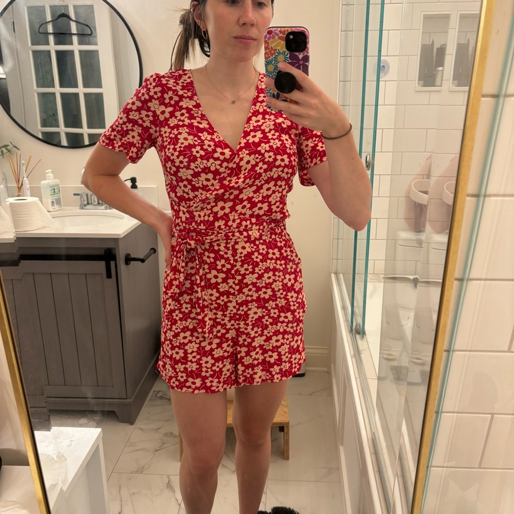 Madewell red and white floral tie romper